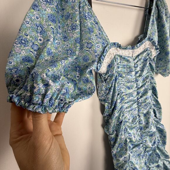 For Love & Lemons Blue Floral Alana Ruched Mini Dress | Bodycon Puff Sleeves - Picture 10 of 11